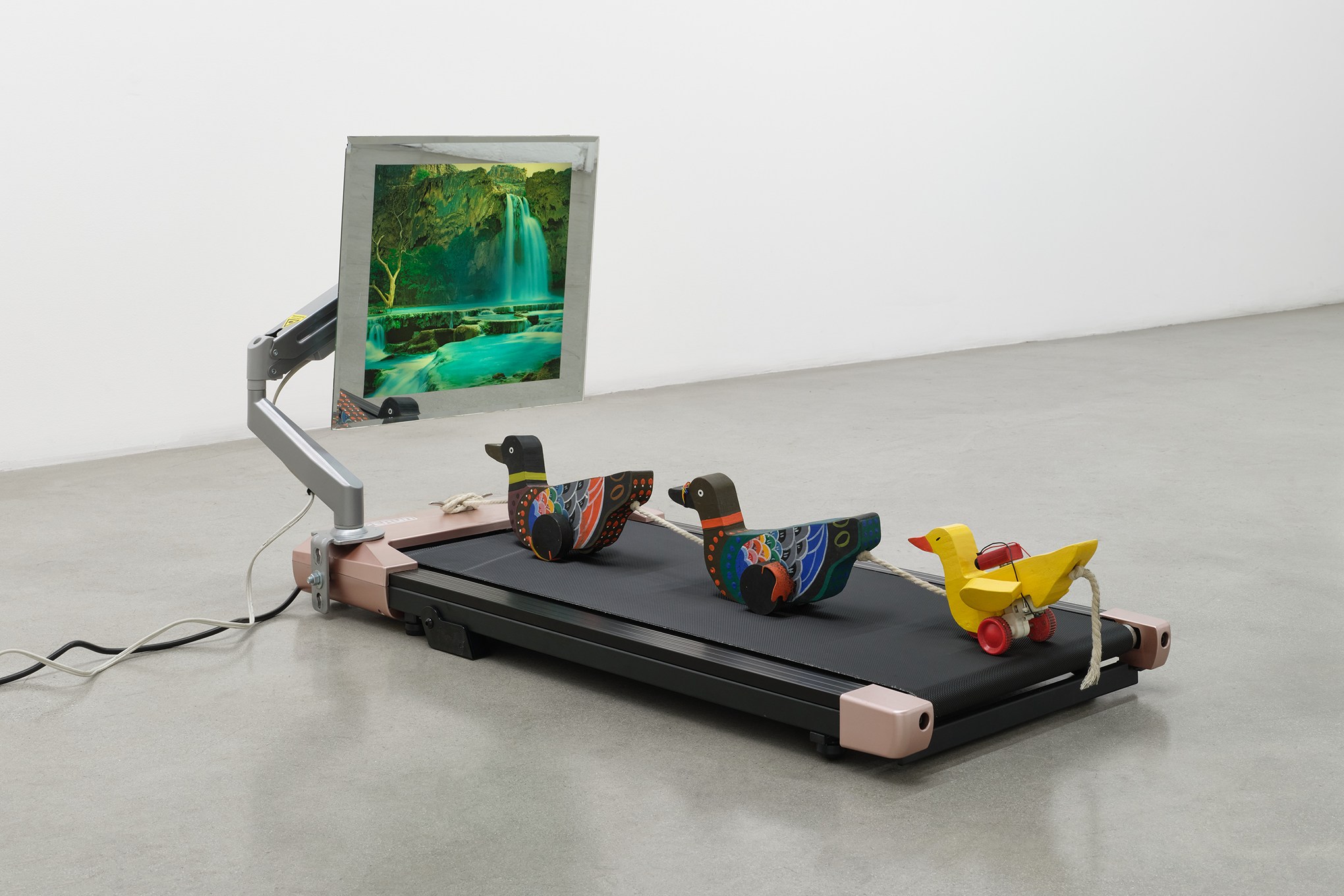 There is a toy wooden duck on a treadmill facing a moving waterfall picture frame.