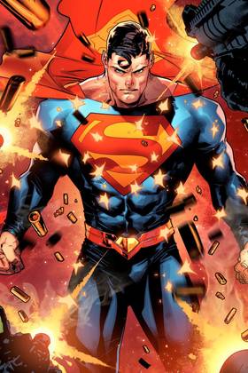 Superman deflecting bullets in comic art by Jorge Jimenez