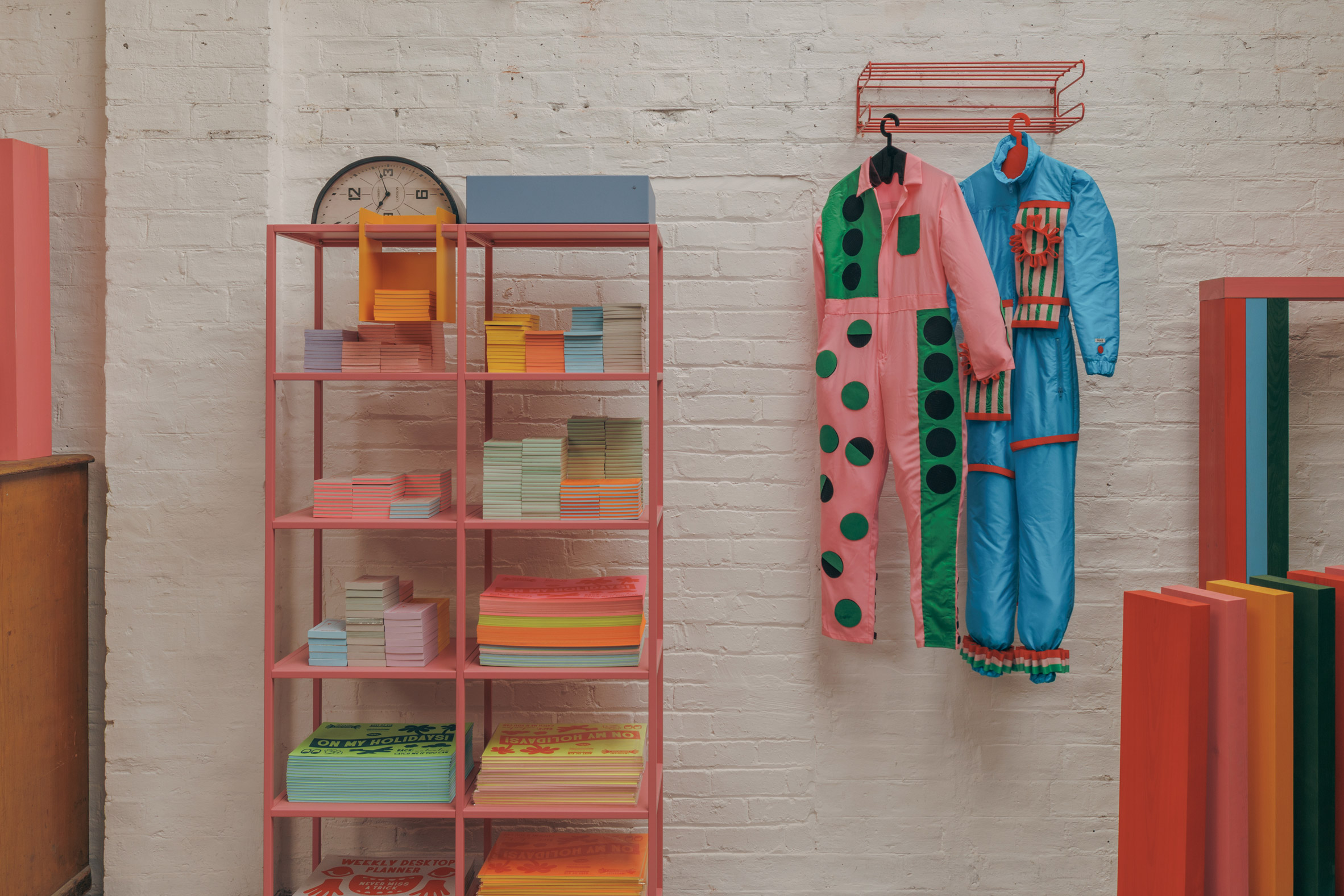 Colorful shelves in printing studio