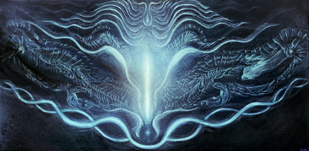 Conscious Conception Tech I, oil on canvas (natural indigo), 2024.