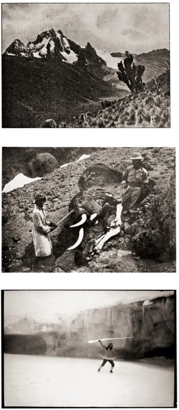 A collage of three vintage photos: a snow-capped mountain peak, two people cutting meat from a large animal carcass, and a person balancing on the snow in front of a train and industrial background.