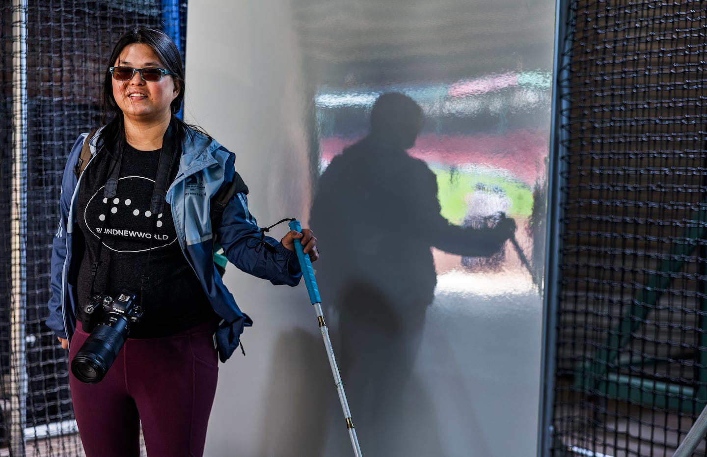 Caruso now uses a white cane, but at first he was embarrassed to have to use it after breaking his leg in 2017.