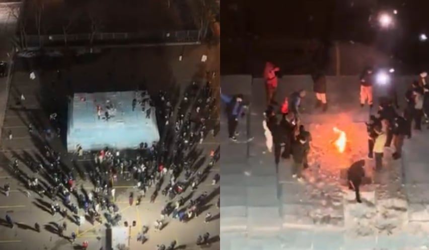 A photo of a crowd around a giant block of ice in downtown Toronto, and another photo of people around an open fire on top of a mountain of ice.