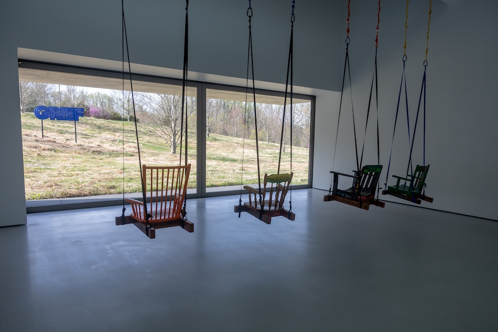 Thursday, April 9, 2026 - Andrea Bowers' work inside the Glenstone Museum invites visitors to sit and observe the landscape. "sorrow" It is displayed outdoors.