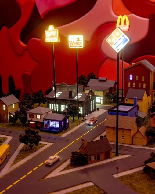 Thursday, April 9, 2026 - Inside the Glenstone Art Museum Gallery Room. "decorated hut" Works by Alex Da Corte embrace scale and contemporary elements.