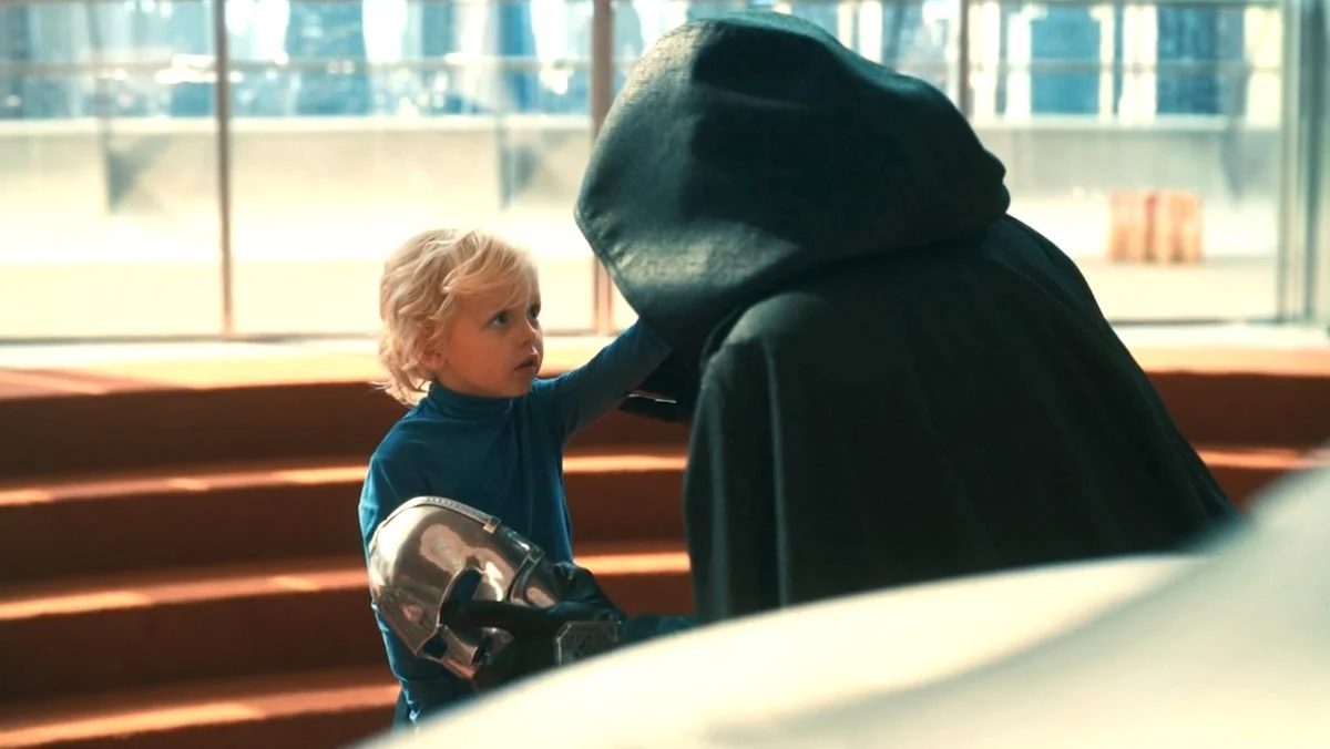 Franklin Richards touches Doctor Doom's invisible face during the mid-credits scene of Fantastic Four: First Steps