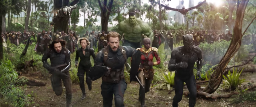 Left to right: Bucky, Winter Soldier. War Machine, Black Widow, Captain America, Hulk, Okoye, Falcon, and Black Panther from ``Avengers: Infinity War.'' 