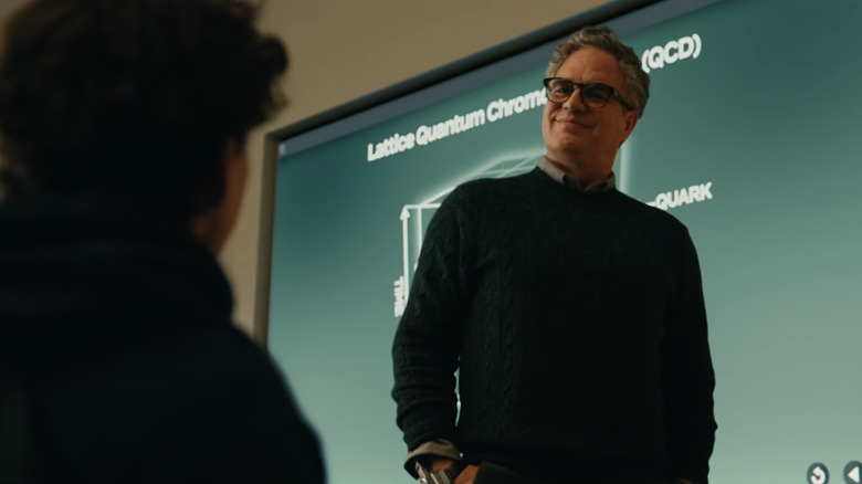 Tom Holland as Peter Parker sits across from Mark Ruffalo as Bruce Banner in a college classroom in Spider-Man: Brand New Day