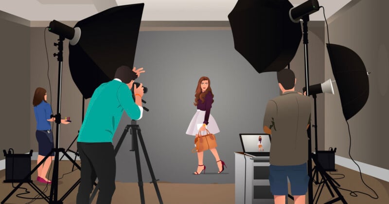 Woman posing in front of a gray background in a photo studio. I am surrounded by large lights, a camera on a tripod, a photographer, an assistant, and a person in front of a laptop displaying my images.