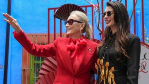 Anne Hathaway (right) and Meryl Streep smile during a movie press conference. "the devil wears prada 2" March 30, 2026 at Casa Azul, Mexico City, Mexico. (Source: Christopher Rogel Blanke/Getty Images)